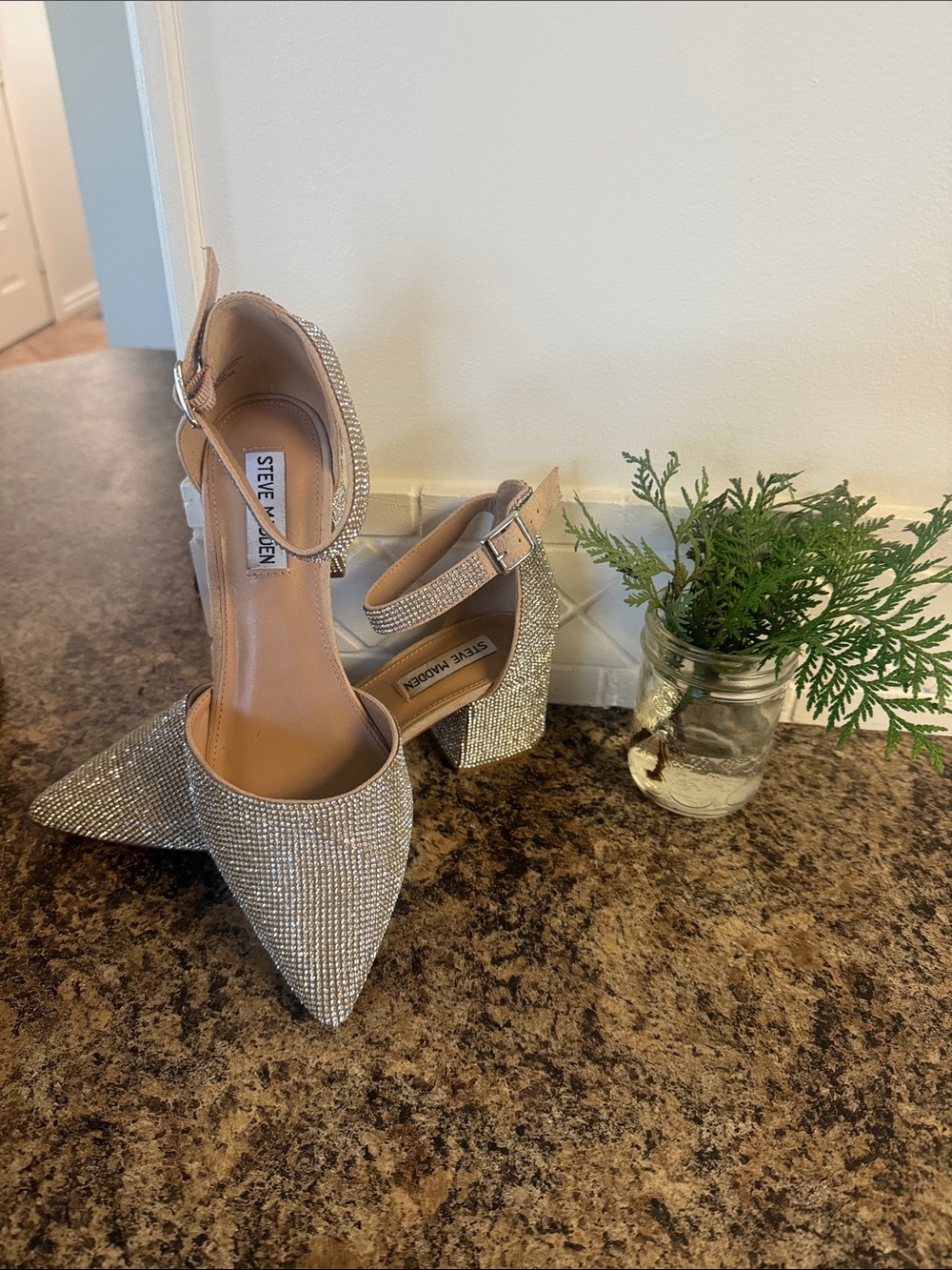 Steve Madden Crystal Embellished Pointed Block Heel Sandals in Silver WORN ONCE